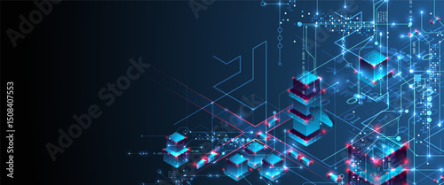 Digital circuit visualization vector background.  Blue board pattern with interconnected lines, nodes, and binary code.