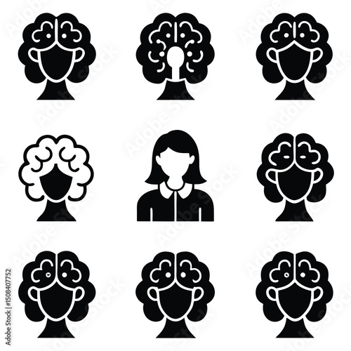 set of black and white had brain icons