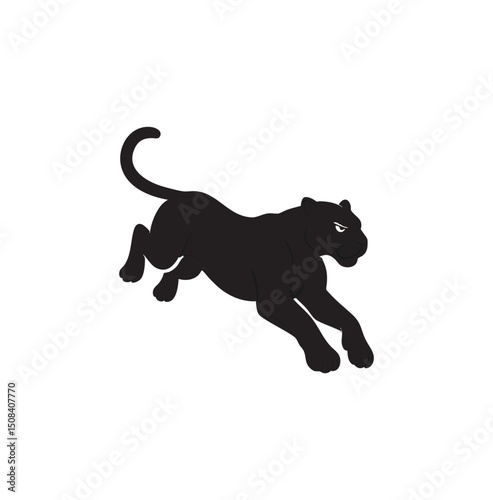 Sleek Black Panther Leaping Forward with Intense Gaze and Curled Tail