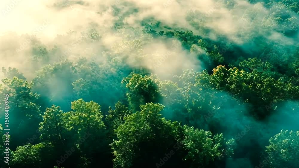 An overhead view of a dense green forest partially obscured by a light mist, with shafts of sunlight filtering through the trees