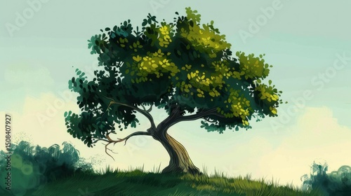 A tree with green leaves and a brown trunk, standing on a grassy hill with a blue sky in the background.