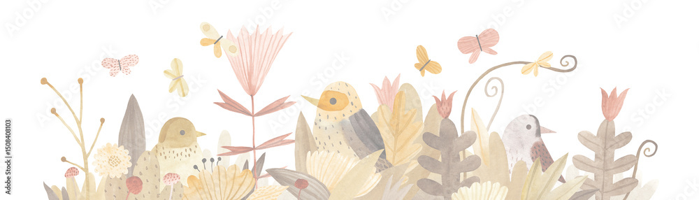 custom made wallpaper toronto digitalWatercolor illustration with wildflowers, birds, herbs and butterflies. Horizontal banner. Flower meadow with birds. Hand drawn illustration. Wall art.