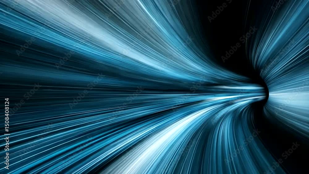 An abstract vortex of curving blue and white light streaks converge towards a dark, central vanishing point, creating an intense tunnel effect