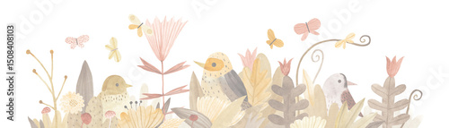 Wallpaper Mural Watercolor illustration with wildflowers, birds, herbs and butterflies. Horizontal banner. Flower meadow with birds. Hand drawn illustration. Wall art. Torontodigital.ca