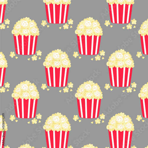 Vector hand-drawn popcorn pattern with popcorn buckets filled with popcorn. Fun food theme for entertainment projects.