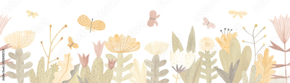 custom made wallpaper toronto digitalWatercolor floral seamless pattern with wildflowers, herbs and butterflies. Cute horizontal isolated illustration. Seamless pattern. Hand drawn illustration. Wall art.