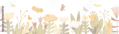 Wallpaper Mural Watercolor floral seamless pattern with wildflowers, herbs and butterflies. Cute horizontal isolated illustration. Seamless pattern. Hand drawn illustration. Wall art. Torontodigital.ca