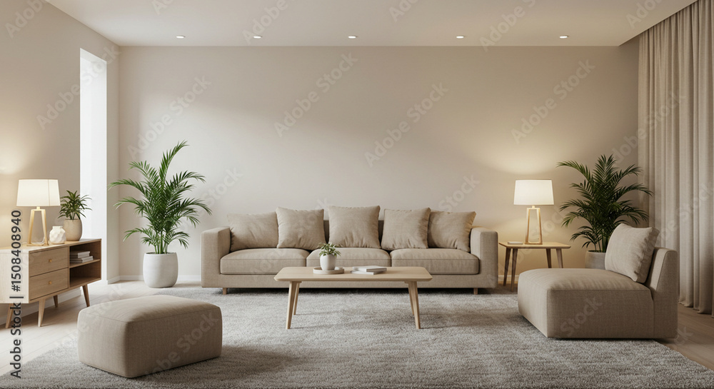 Fototapeta premium Modern minimalist living room design with beige sofa plants and neutral tones interior decor ideas