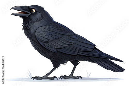 Black crow or raven, a wild bird with a dark beak and feather wing, isolated as a vector illustration on a white background