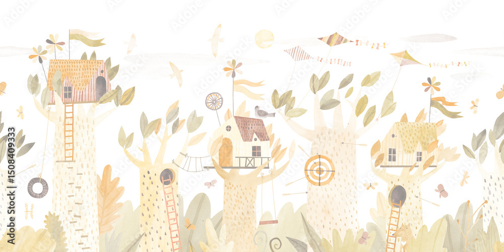 custom made wallpaper toronto digitalCute children tree houses. Playground in the park. Watercolor illustration. Horizontal repeating border. Forest. Hand drawn illustration. Wall art.