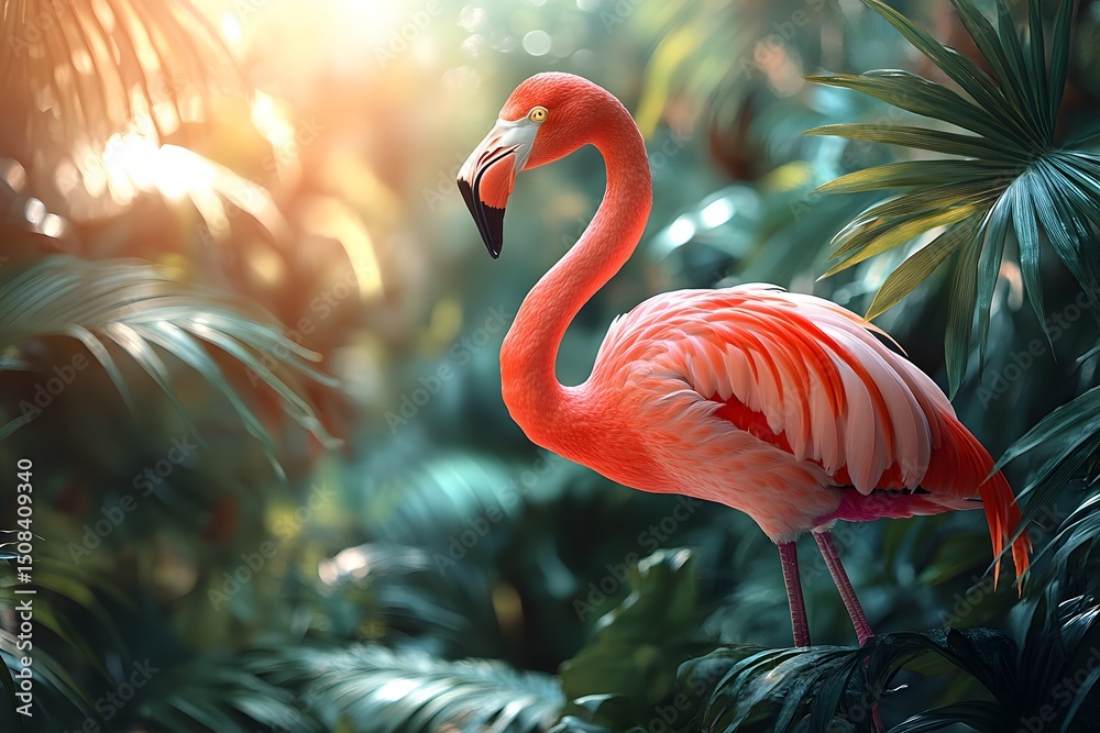 Fototapeta premium Vibrant Flamingo in Lush Tropical Habitat - Nature Photography for Posters and Decor