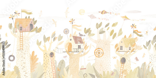 Wallpaper Mural Cute children tree houses. Playground in the park. Watercolor illustration. Horizontal repeating border. Forest. Hand drawn illustration. Wall art. Torontodigital.ca
