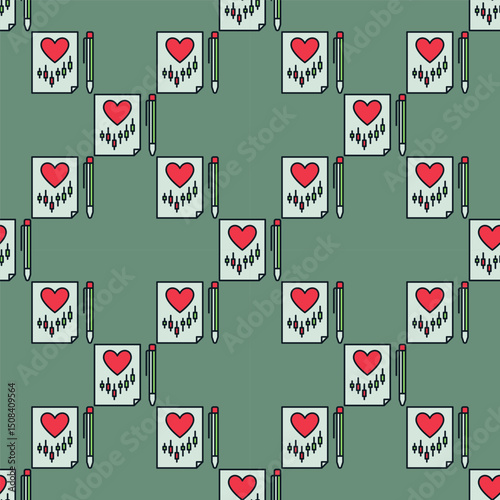 Document with Red Heart and Investment Chart vector Finance Love colored seamless pattern