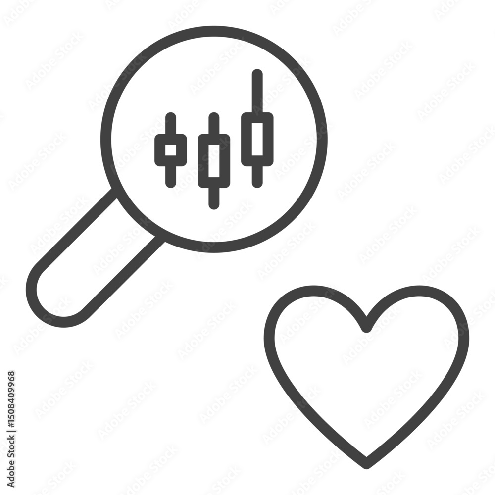 Magnifier with Candlestick Graph and Heart vector Love for Investing icon or sign in thin line style