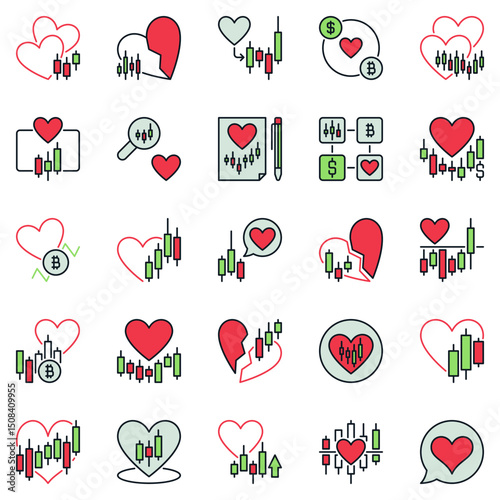 Heart with Candlestick Chart colored icons set - I Love Trading concept vector symbols