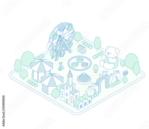 Isometric illustration of an amusement park. Theme park with attractions such as a Ferris wheel and teacups.