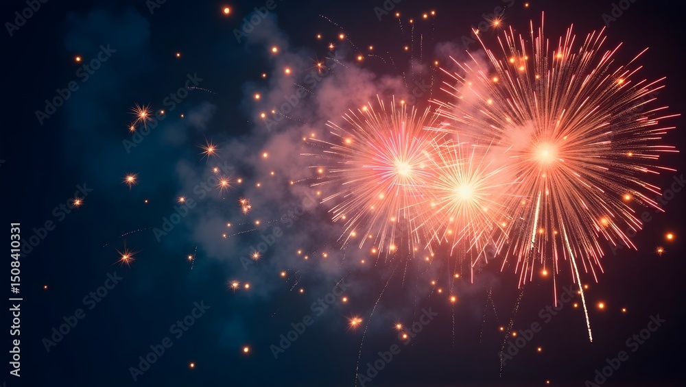Fototapeta premium Abstract gold, black and blue glitter background with fireworks, 4th of July holiday concept