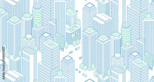 Seamless pattern of urban landscape. Urban cityscape illustration with skyscrapers. Office and commercial buildings.