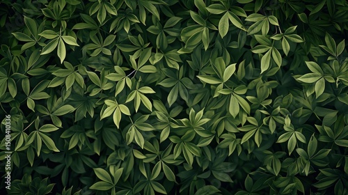 A dense, green, leafy hedge covering a wall, with a mix of green and brown leaves, and a few brown leaves on the ground.