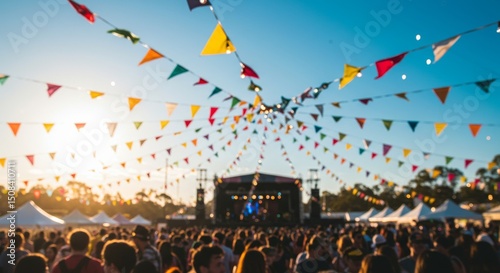 Crowd at Music Festival with Colorful Flags