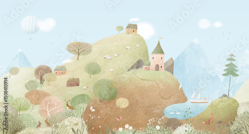 Wallpaper Mural Summer landscape with hills, lake, village houses, castle. Watercolor illustration. Cute landscape for a child's room. Hand drawn illustration. Wall art. Seamless pattern. Torontodigital.ca