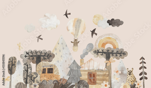 Wallpaper Mural Cute watercolor landscape. House, forest, mountains. Wall art. Vintage color. Torontodigital.ca