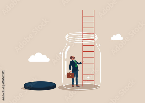 Worried businessman climbs up from the glass jar. Business stagnation with no growth, limitation in career development, punishment with no freedom in business. Flat vector illustration
