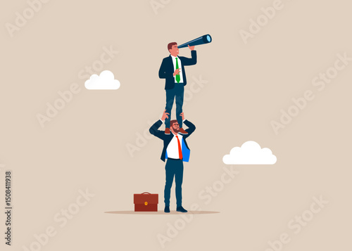 Business people searching for new opportunities. Businessman holding spyglas. Social media. Modern vector illustration in flat style