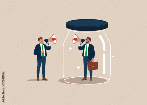 Can't hear each other. One businessman talking inside a is closed inside the airtight glass jar holding a megaphone, second businessman at large. Don't let cry out blocking freedom of speech.