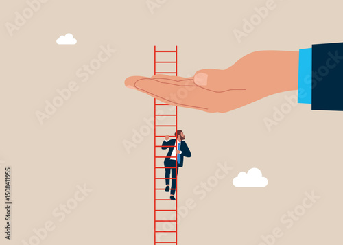 Hand help climb ladder of success. Leadership vision is inspiring. Choose career pat. Support for businessman. Flat vector illustration