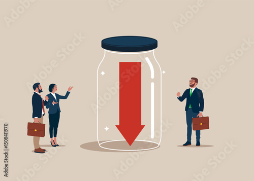 The falling  red arrow is closed inside the airtight glass jar. Economy collapse. Business stagnant, prohibition or difficulty prevent from improvement. Flat vector illustration