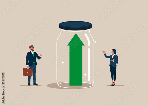 The rising green arrow is closed inside the airtight glass jar. Business constraints or stagnant, prohibition or difficulty prevent from improvement or success. Flat vector illustration