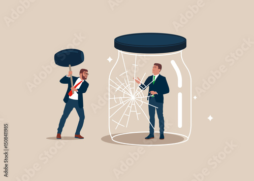 Helping each other recovery depression. Breaks a airtight glass jar with a hammer. Business stagnation with no growth, limitation in career development, punishment with no freedom in business.