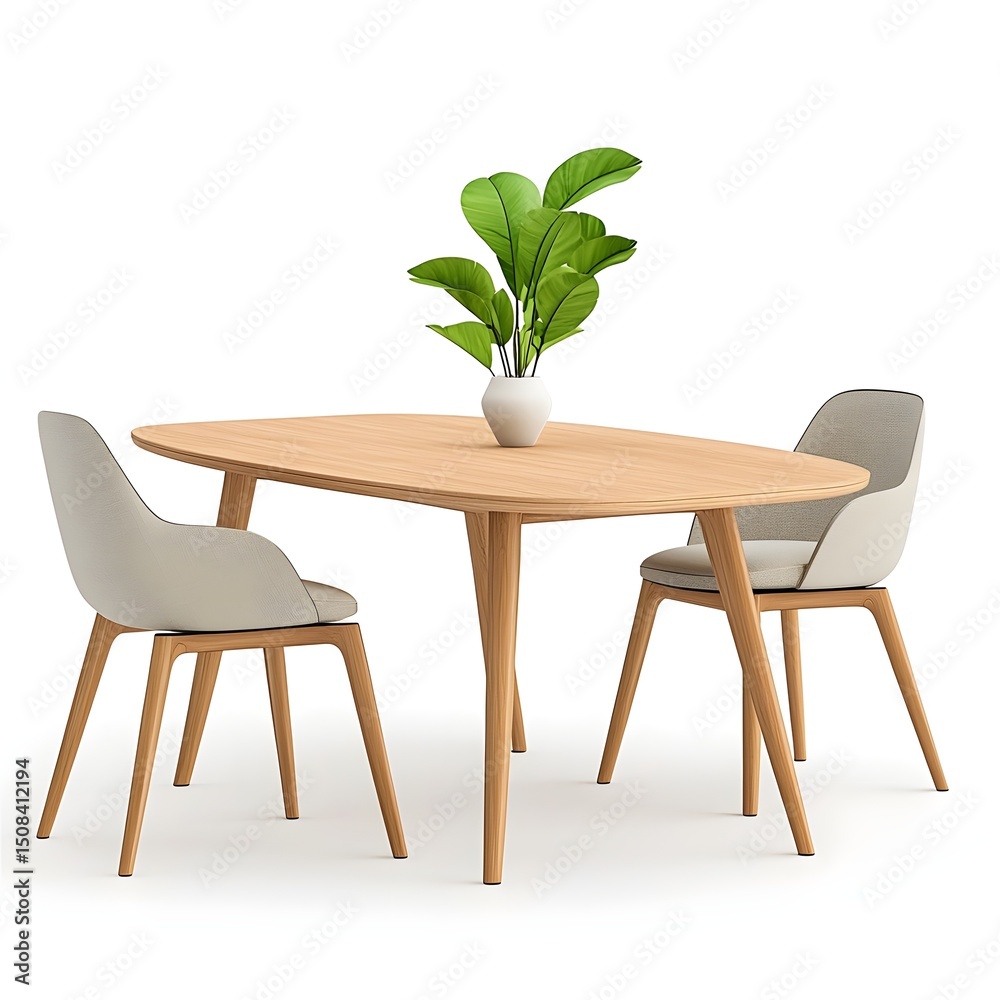 Fototapeta premium Oval wooden dining table with two chairs and plant - 3D render