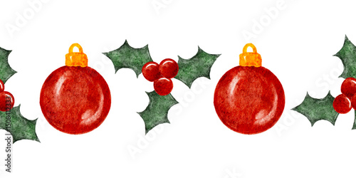 Bright Christmas holiday ornaments and holly seamless border design. Vector illustration
