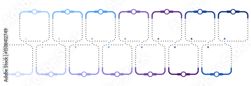 Horizontal timeline or flowchart with fourteen square elements and space for data. Concept of 14 successive steps of company process.