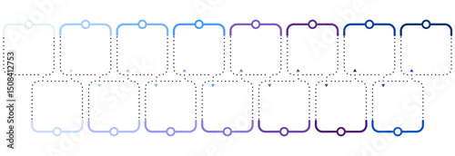 Horizontal timeline or flowchart with fifteen square elements and space for data. Concept of 15 successive steps of company process.