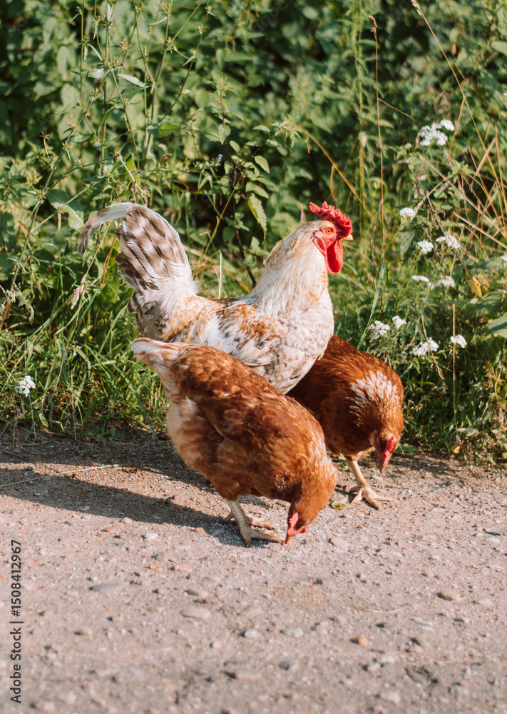 Fototapeta premium White Rooster and hens on grass