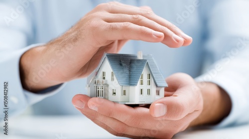 Hands protecting small house model symbolizing home security and real estate concept