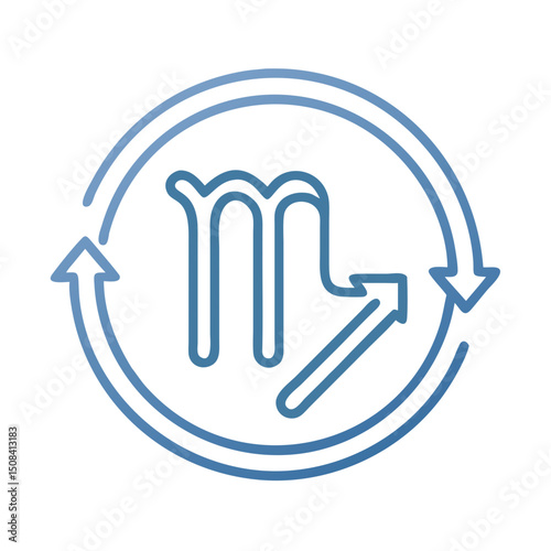 Outlined Scorpio zodiac sign surrounded by arrows in a circular motion, symbolizing transformation, passion, and the water element.
