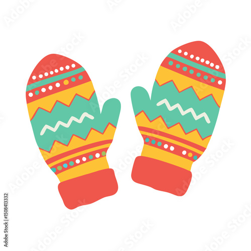 Vector illustration of pair of mittens with festive patterns