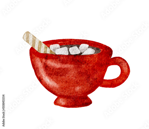 Warm red mug filled with hot cocoa and marshmallows for Christmas. Vector illustration
