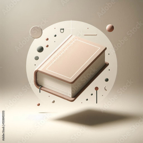 Stylish floating book with abstract shapes, minimalist design, creative concept, copy space
