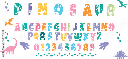 Alphabet poster with cute cartoon dinosaurs for children, Dino Font ABC Banner for Kids, Dino font vector art, Dinosaur font, Cute dinosaur font 