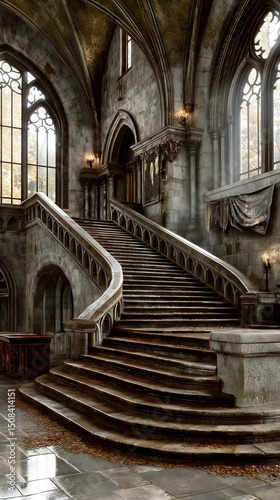 Majestic stone staircase in an ancient castle with gothic architecture and large arched windows