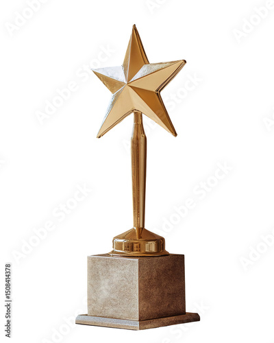 A gold star-shaped award on a stone base, rendered in 3D isolated on transparent or white background. Generative ai