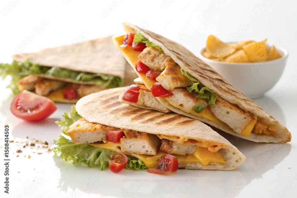Obraz premium Delicious grilled chicken quesadillas with cheese and salad isolated on white background