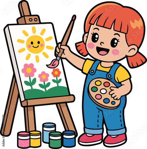 Happy Child Painting a Sunny Picture on an Easel