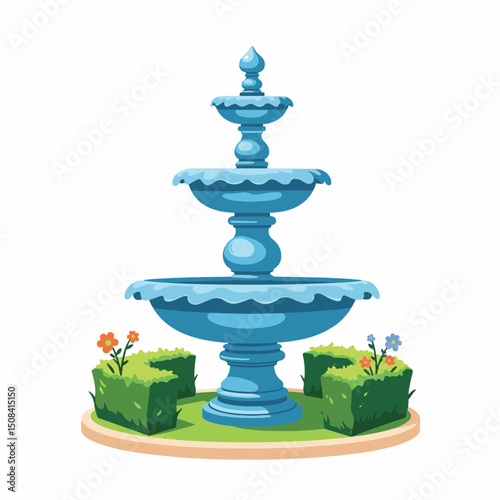 Elegant blue fountain in vibrant garden setting, serene beauty