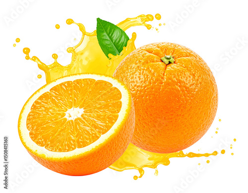 A halved orange and a whole orange are shown, surrounded by a splash of juice.  A green leaf is visible near the splash isolated on transparent or white background. Generative ai
